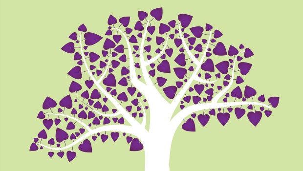 Illustration of tree with purple hearts