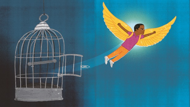 Illustration of boy flying out of a cage.