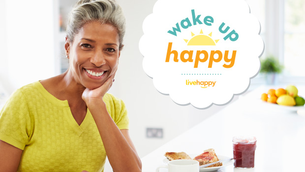 Woman waking up happy
