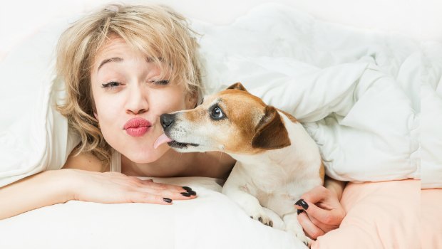 Woman waking up in bed and kissing her dog.