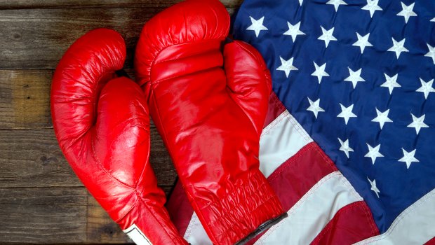 American flag and a pair of boxing gloves.