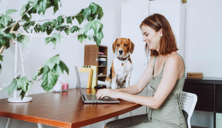 Young woman typing on her computer with her dog at her side