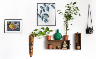 white wall with paintings and plants